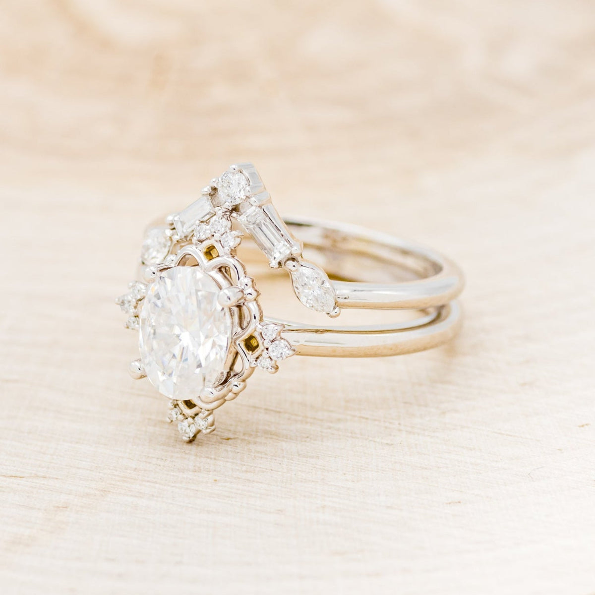 "Treva" - Oval Moissanite Engagement Ring With Diamond Accents & "Melody" Tracer