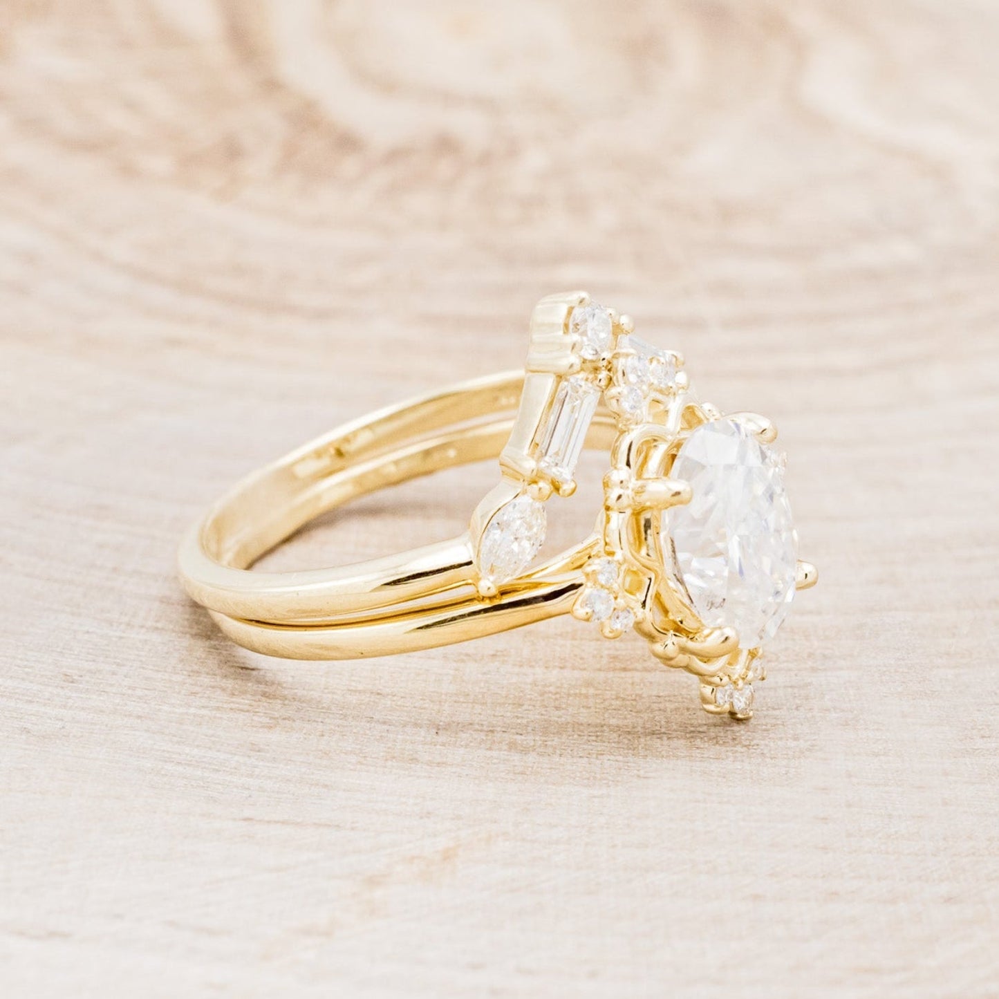 "Treva" - Oval Moissanite Engagement Ring With Diamond Accents & "Melody" Tracer