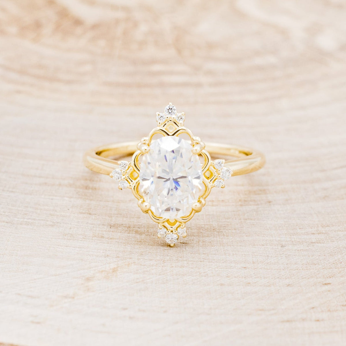 "Treva" - Oval Moissanite Engagement Ring With Diamond Accents & "Melody" Tracer
