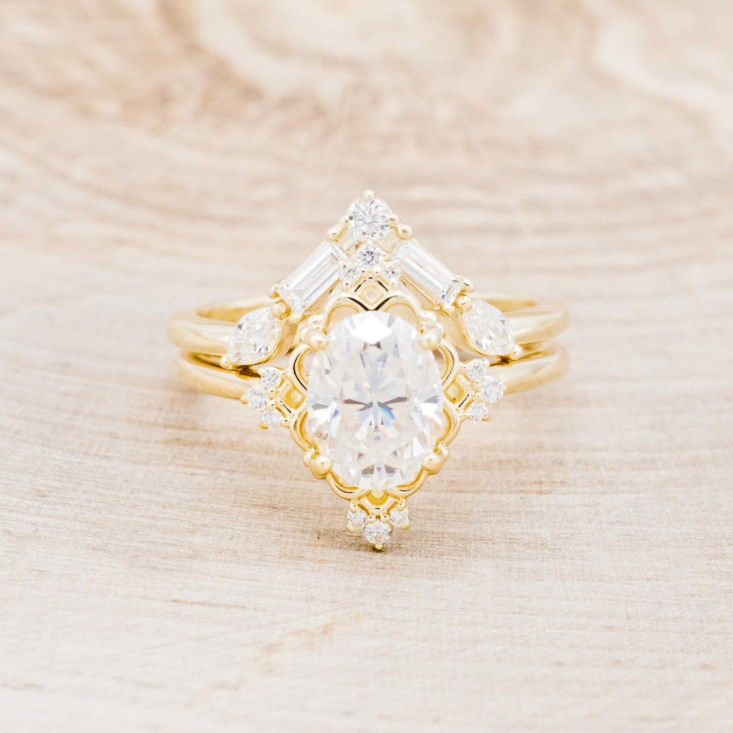"Treva" - Oval Moissanite Engagement Ring With Diamond Accents & "Melody" Tracer