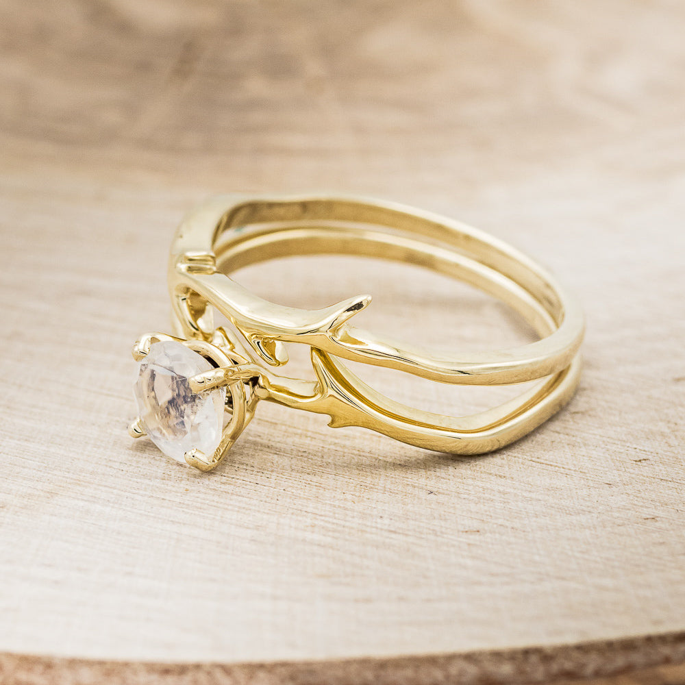 "Artemis" - Round Moonstone Engagement Ring With An Antler-Stacking Band