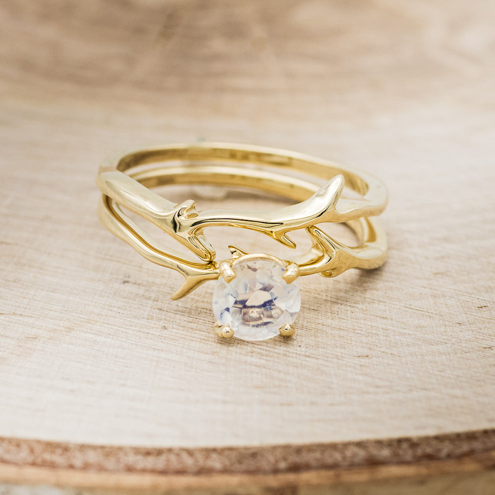 "Artemis" - Round Moonstone Engagement Ring With An Antler-Stacking Band