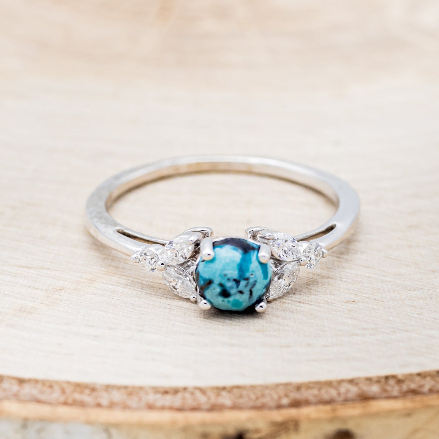 "Blossom" - Cabochon Cut Turquoise Engagement Ring With Diamond Accents