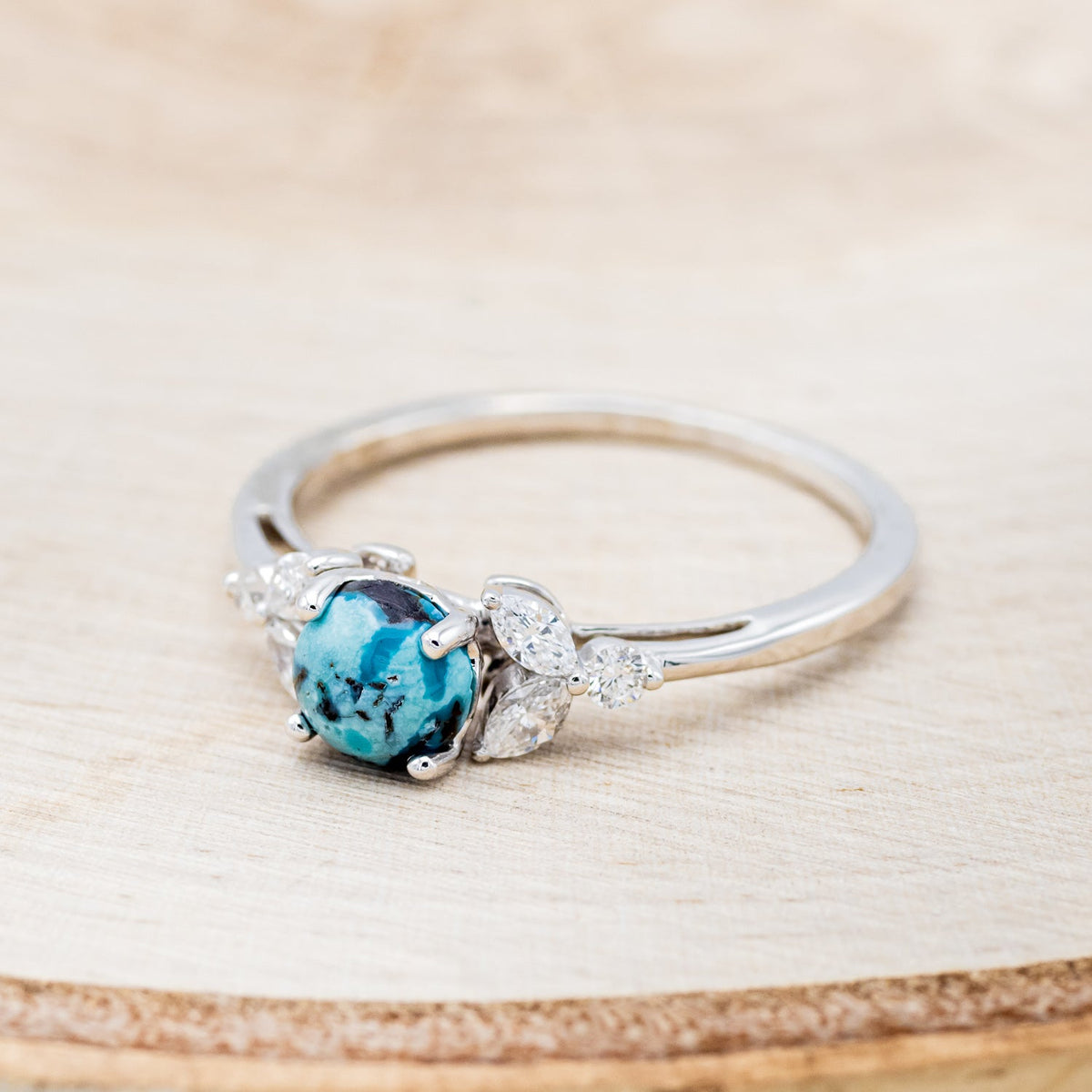 "Blossom" - Cabochon Cut Turquoise Engagement Ring With Diamond Accents