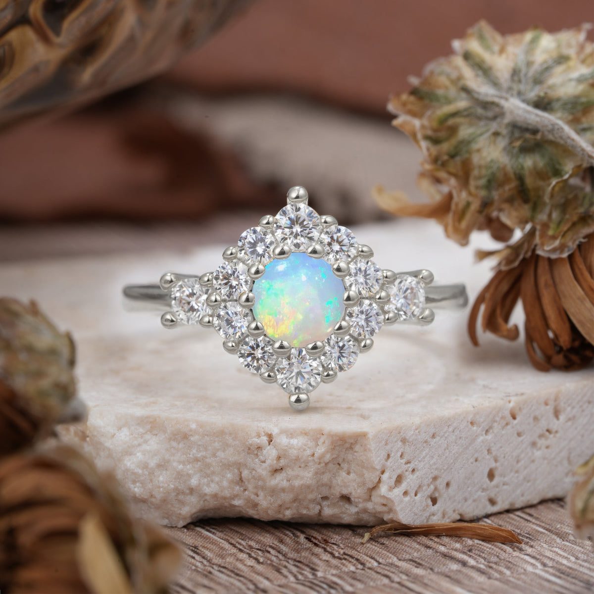 Round Cut Opal Engagement Ring Cluster 6-Prong Setting
