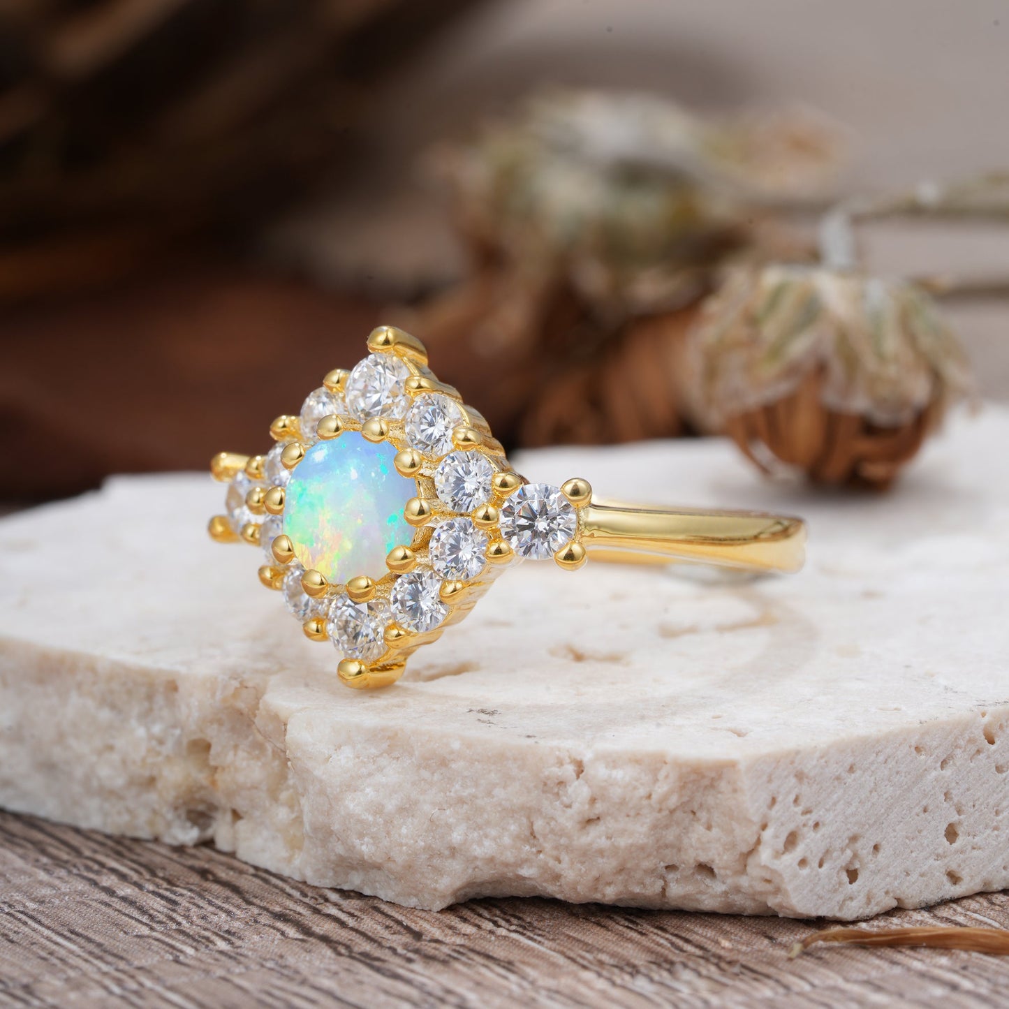 Round Cut Opal Engagement Ring Cluster 6-Prong Setting