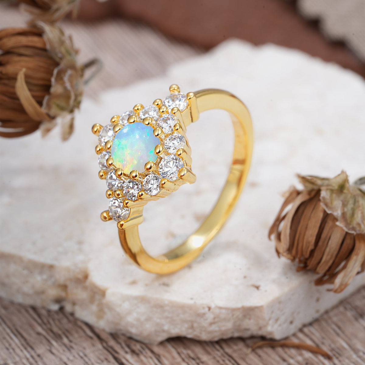 Round Cut Opal Engagement Ring Cluster 6-Prong Setting