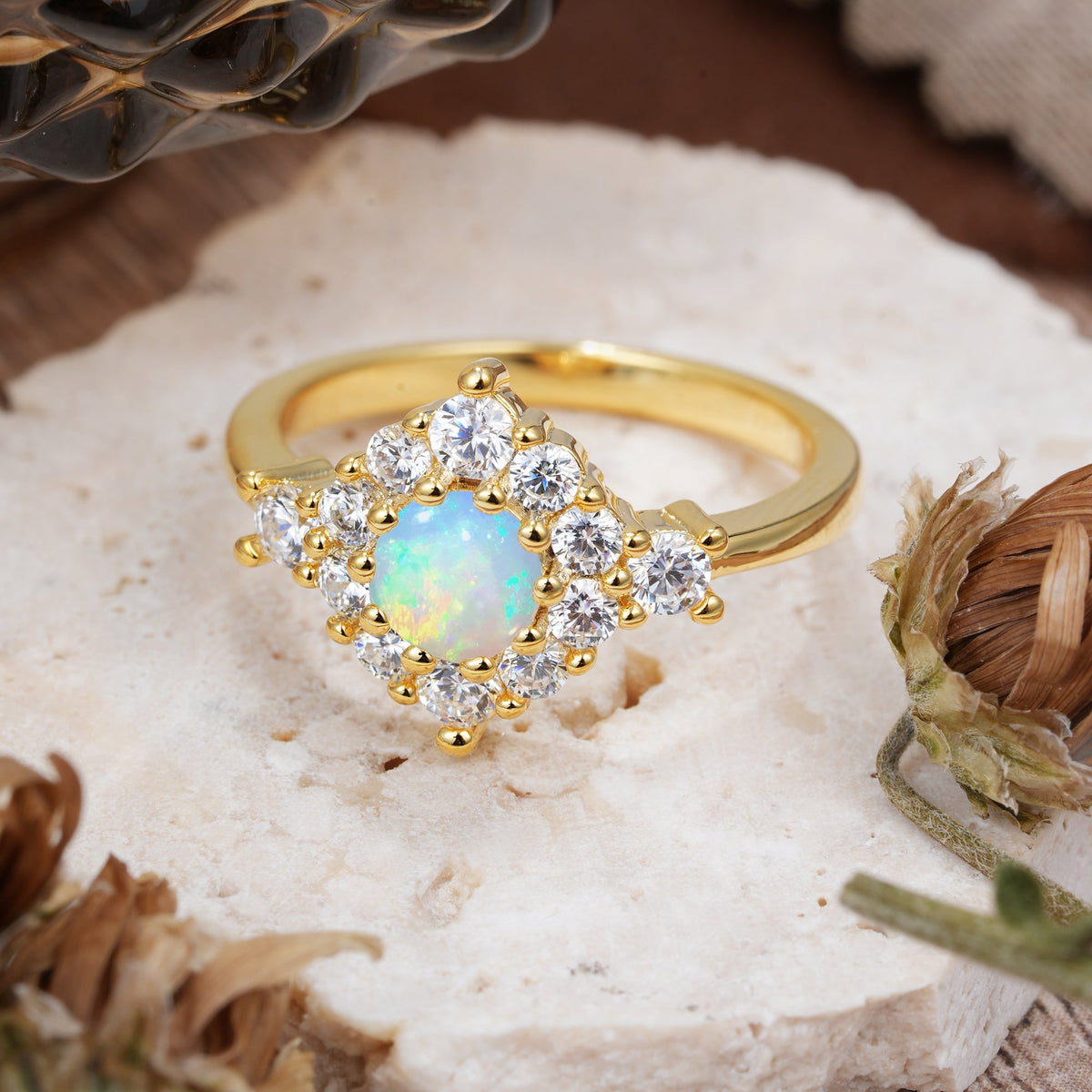 Round Cut Opal Engagement Ring Cluster 6-Prong Setting