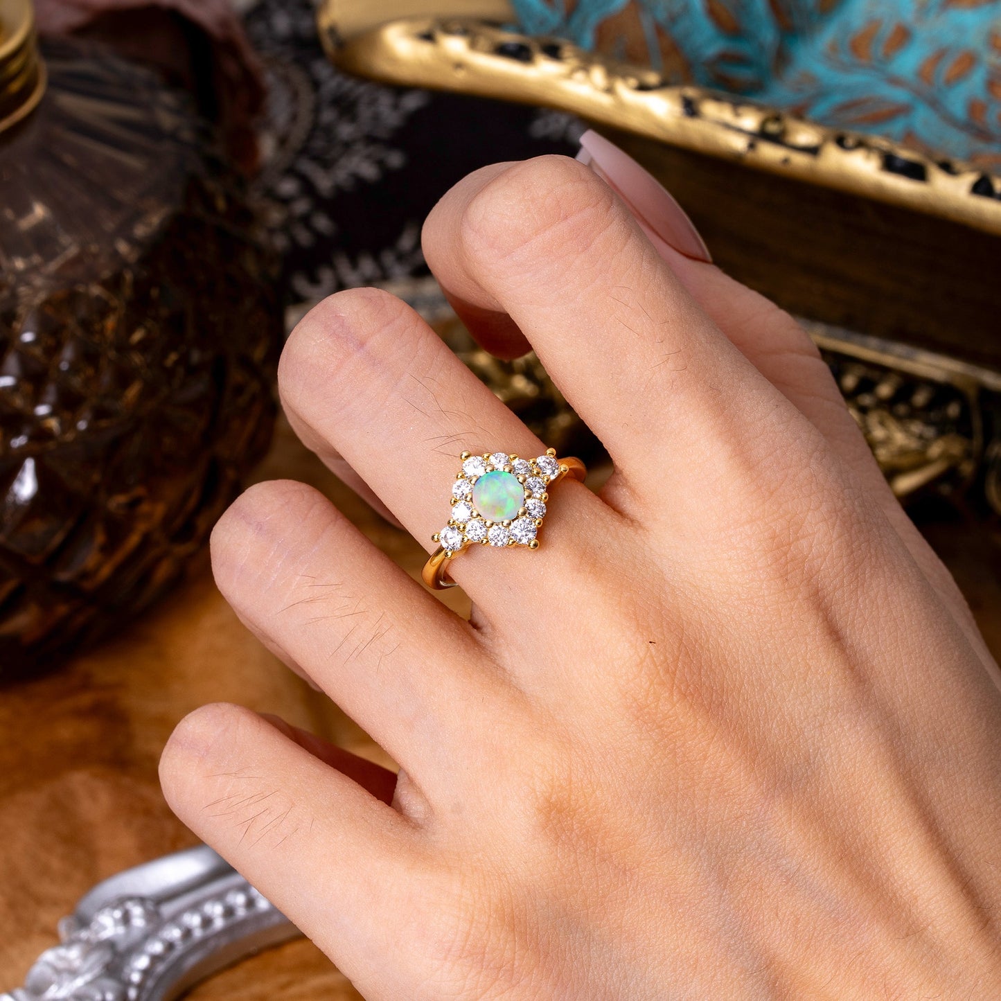 Round Cut Opal Engagement Ring Cluster 6-Prong Setting