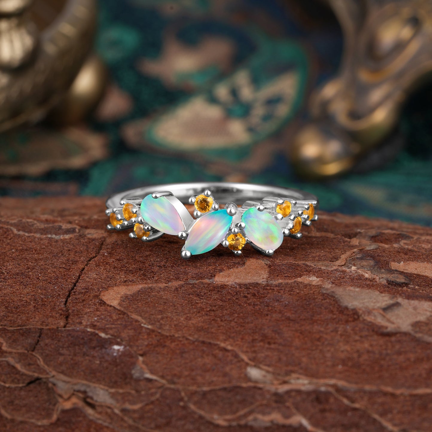 Multi Shaped Opal Wedding Ring Half Eternity Stackable Ring