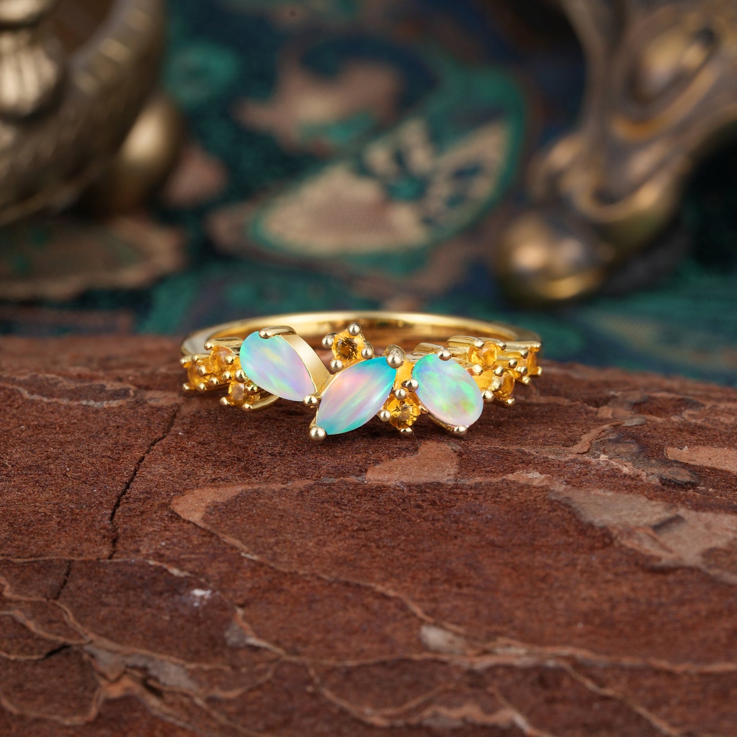 Multi Shaped Opal Wedding Ring Half Eternity Stackable Ring