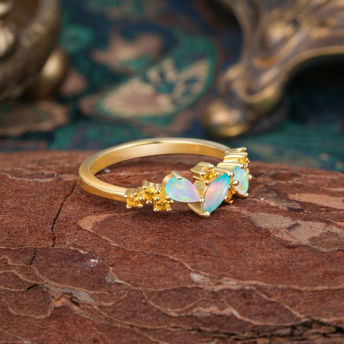 Multi Shaped Opal Wedding Ring Half Eternity Stackable Ring
