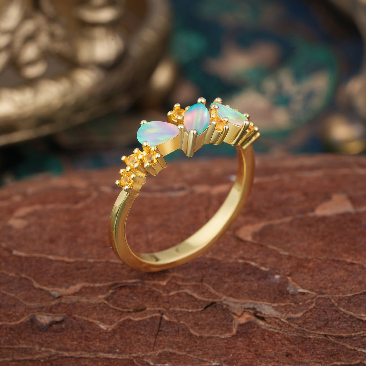 Multi Shaped Opal Wedding Ring Half Eternity Stackable Ring