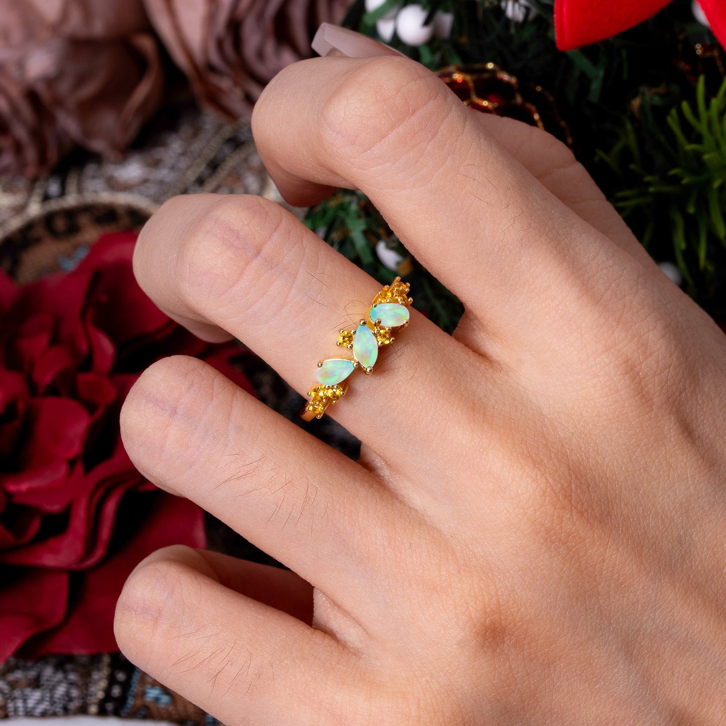 Multi Shaped Opal Wedding Ring Half Eternity Stackable Ring