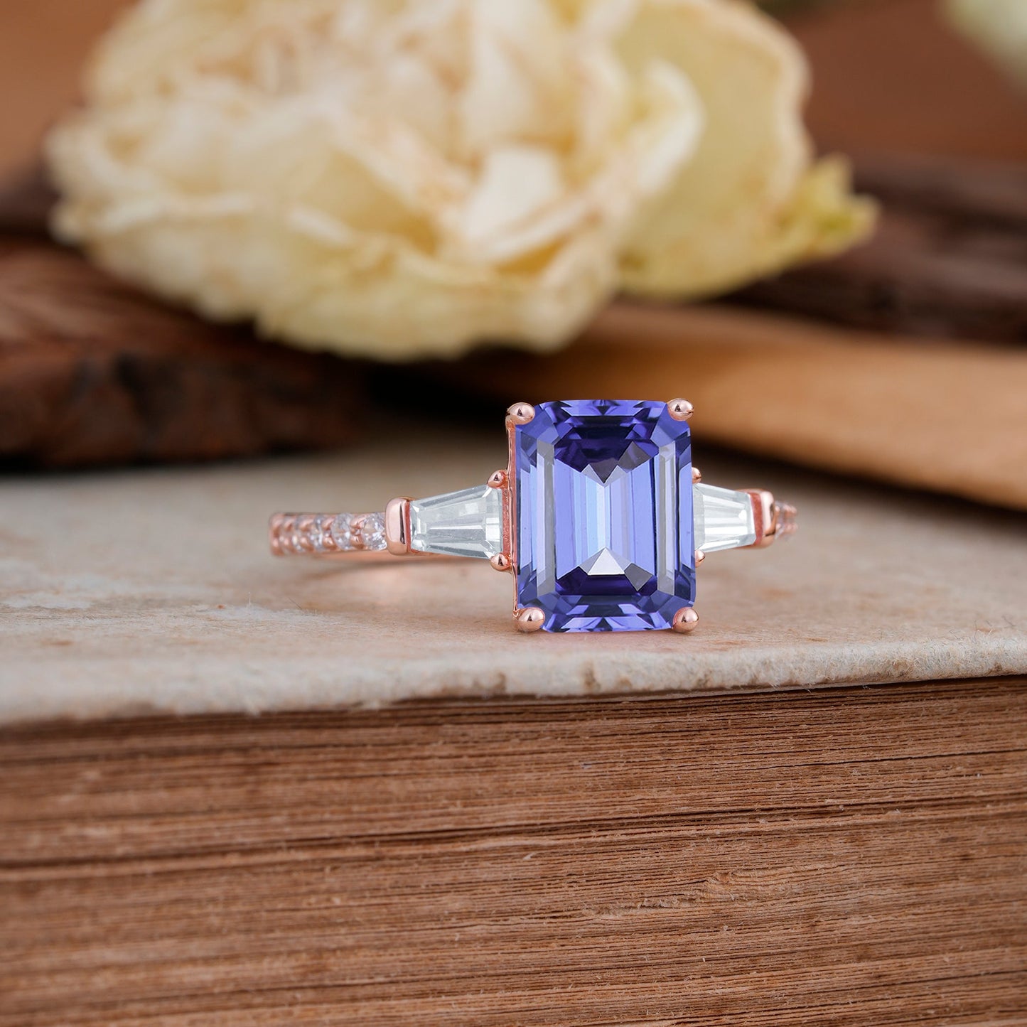 3 Carat Emerald Cut Tanzanite Ring Three Stone Engagement Ring