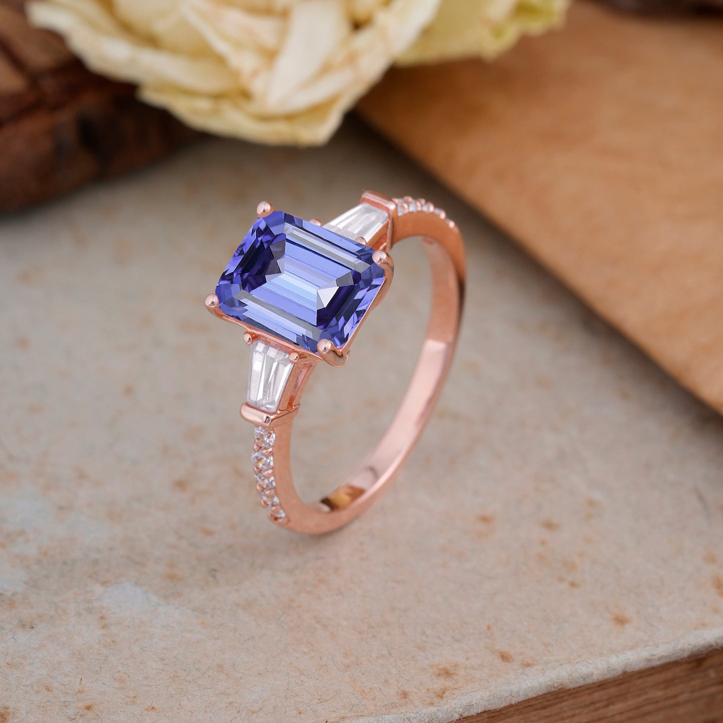 3 Carat Emerald Cut Tanzanite Ring Three Stone Engagement Ring