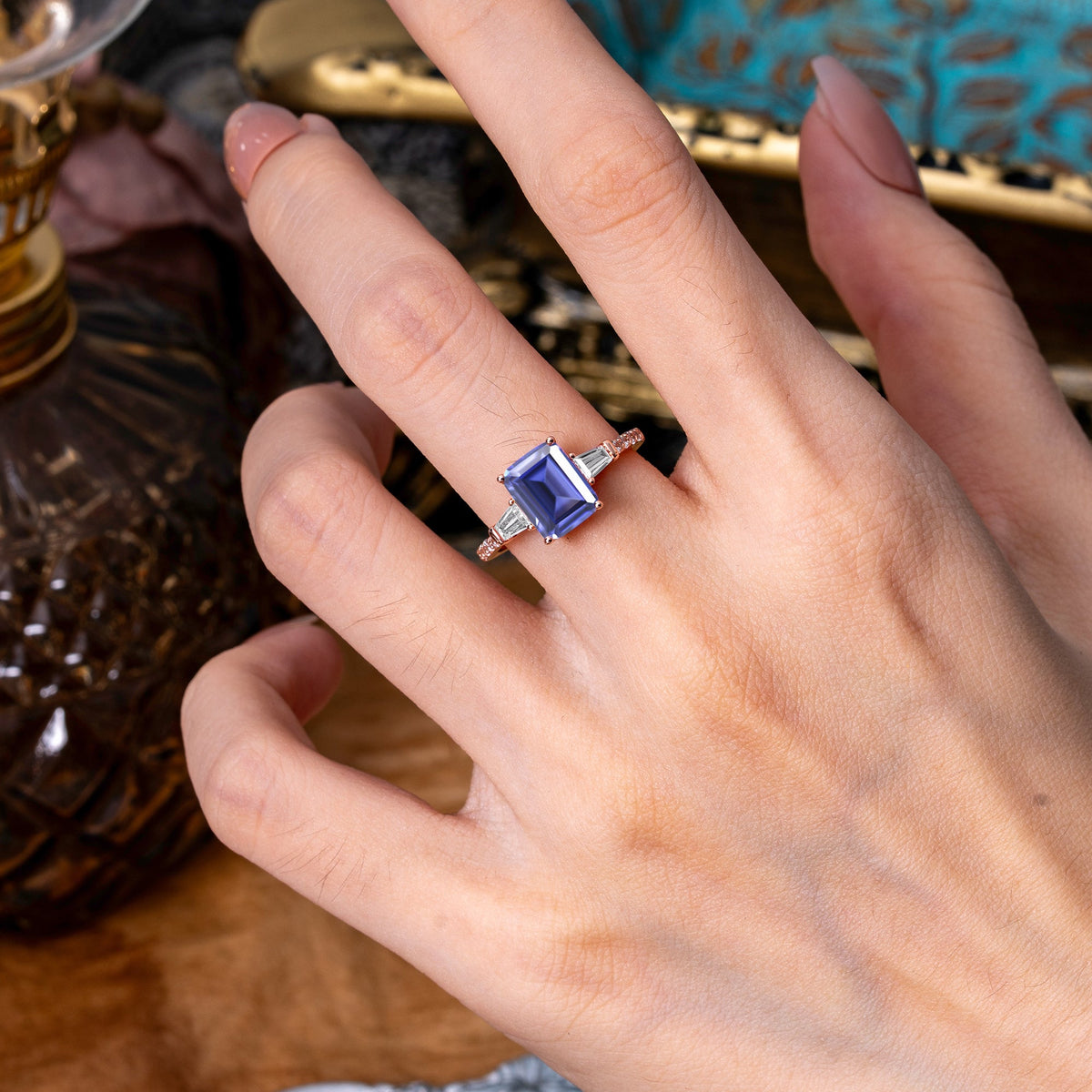 3 Carat Emerald Cut Tanzanite Ring Three Stone Engagement Ring