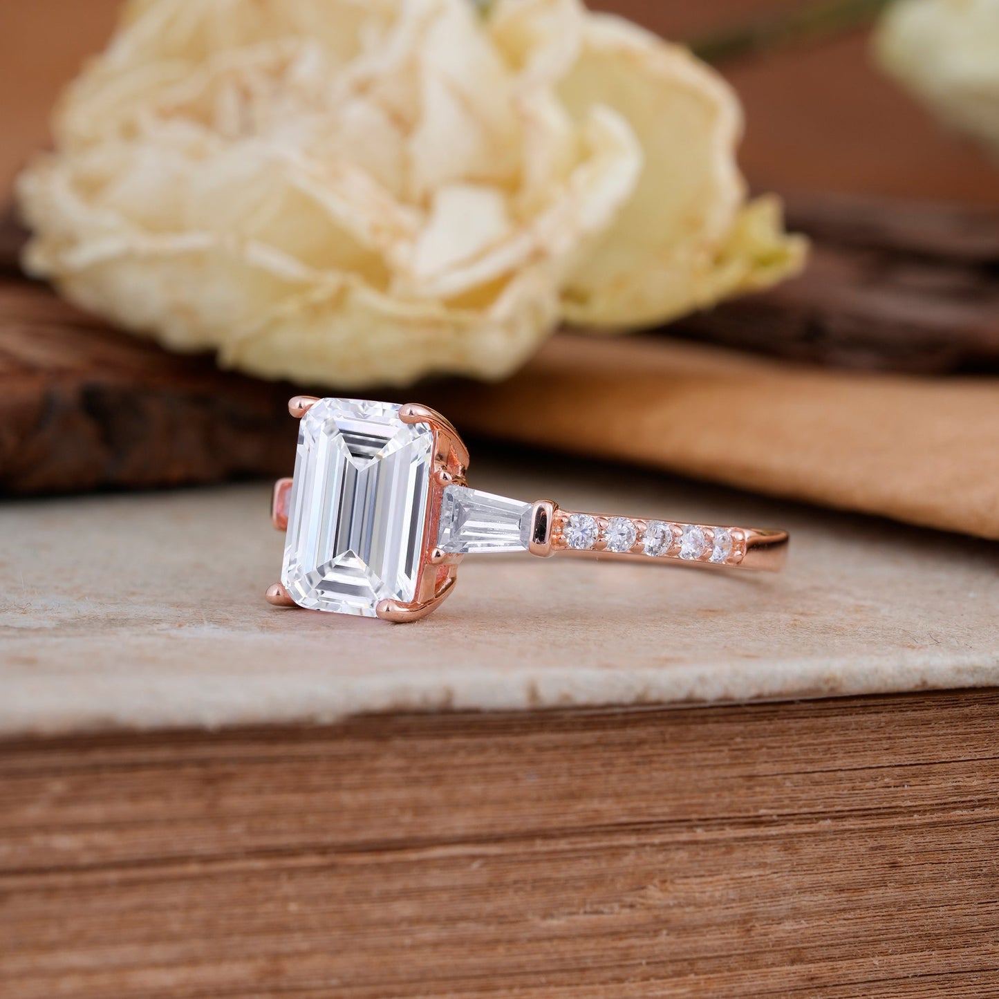 3 Carat Emerald Cut Lab Diamond Ring Three Stone Engagement Ring