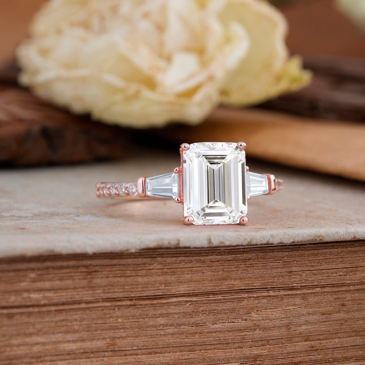 3 Carat Emerald Cut Lab Diamond Ring Three Stone Engagement Ring