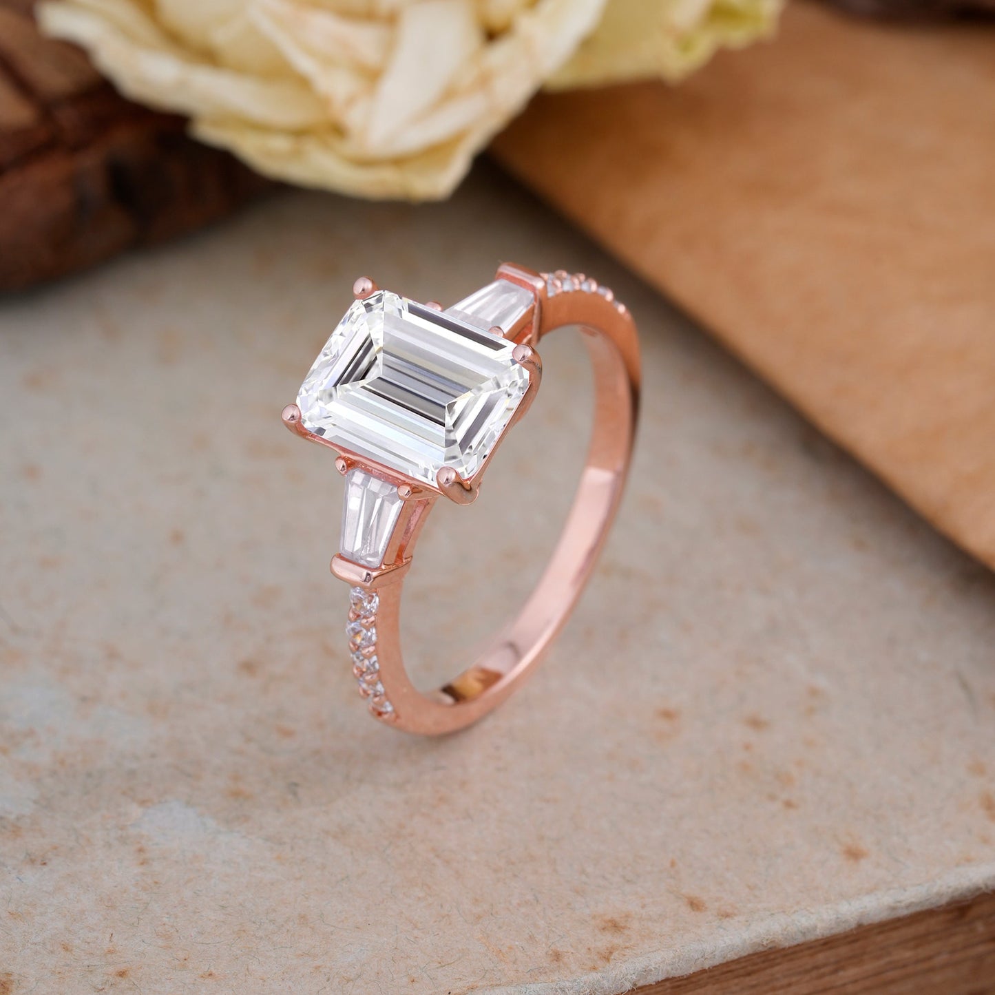 3 Carat Emerald Cut Lab Diamond Ring Three Stone Engagement Ring