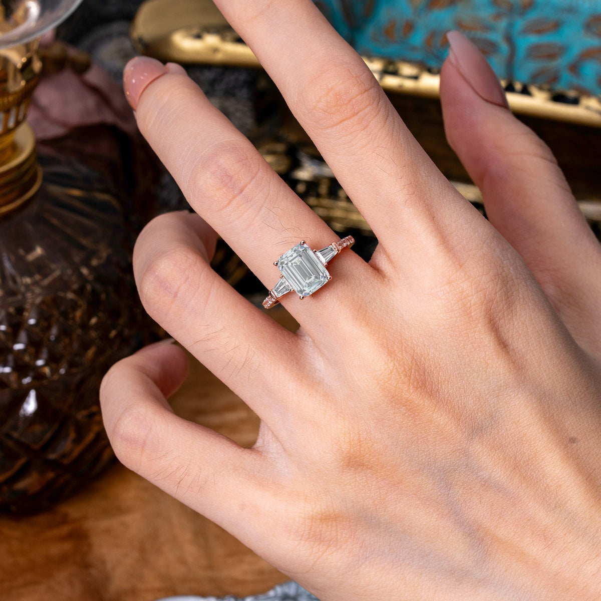 3 Carat Emerald Cut Lab Diamond Ring Three Stone Engagement Ring