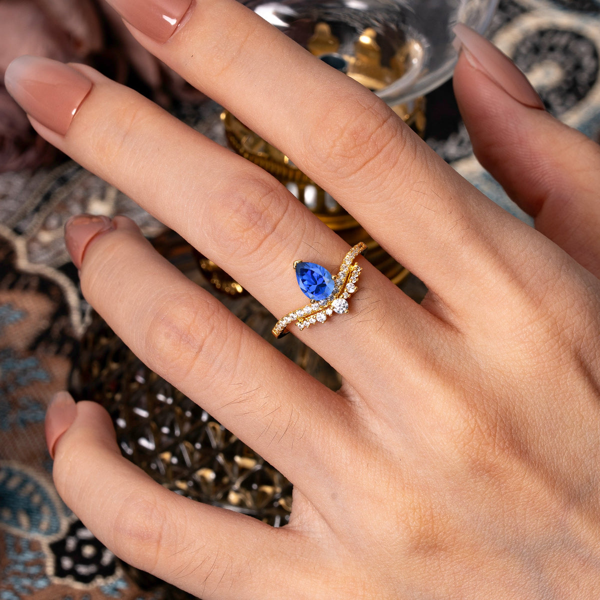 3 Prong Pear Cut Sapphire Dainty Crown Engagement Ring