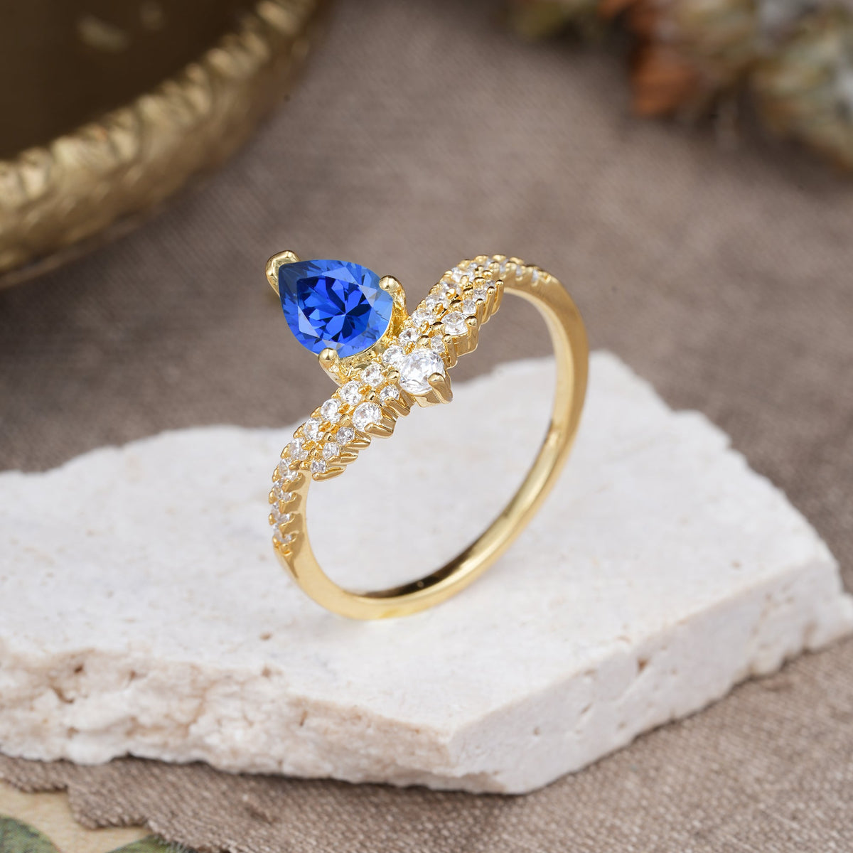 3 Prong Pear Cut Sapphire Dainty Crown Engagement Ring