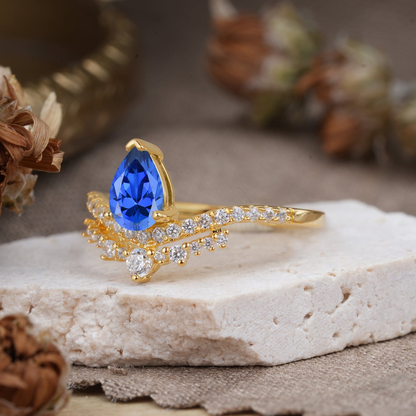 3 Prong Pear Cut Sapphire Dainty Crown Engagement Ring