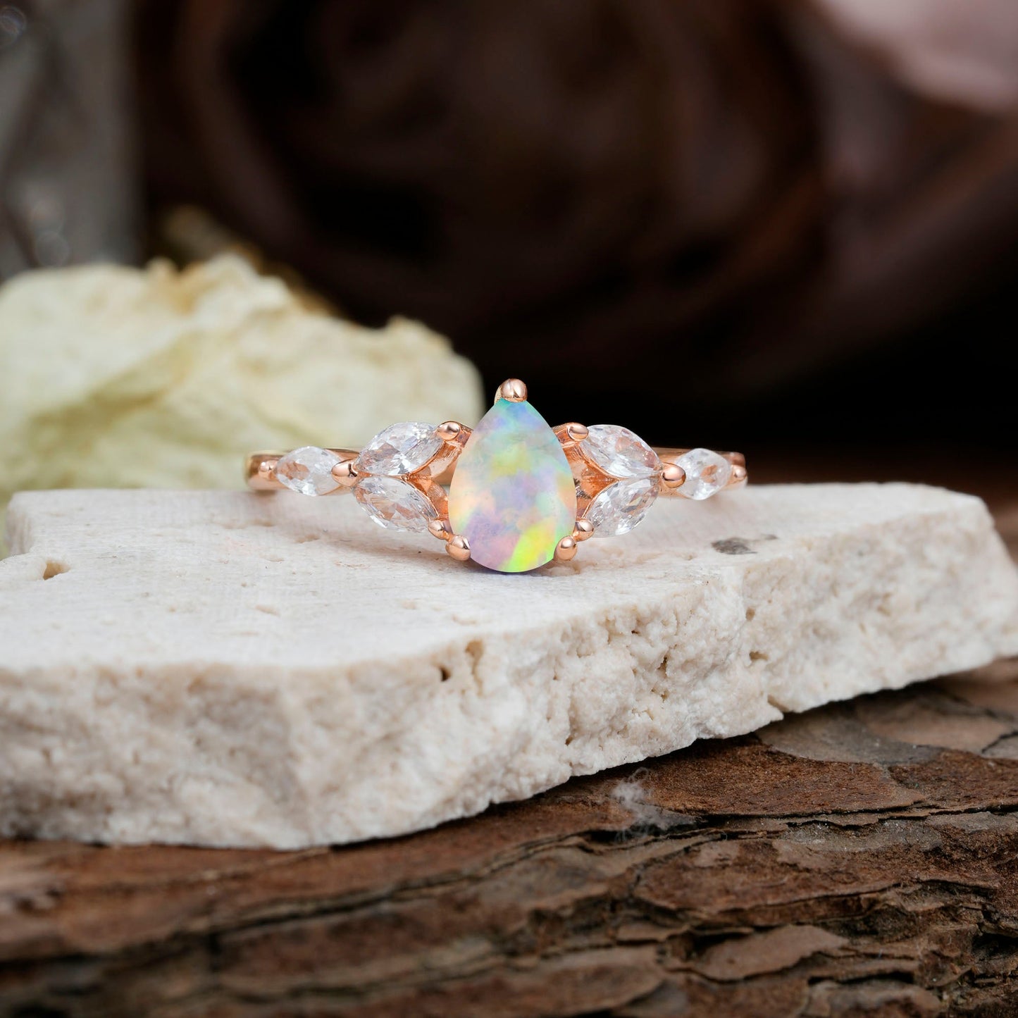 Pear Shaped Opal Nature Inspired Promise Engagement Ring