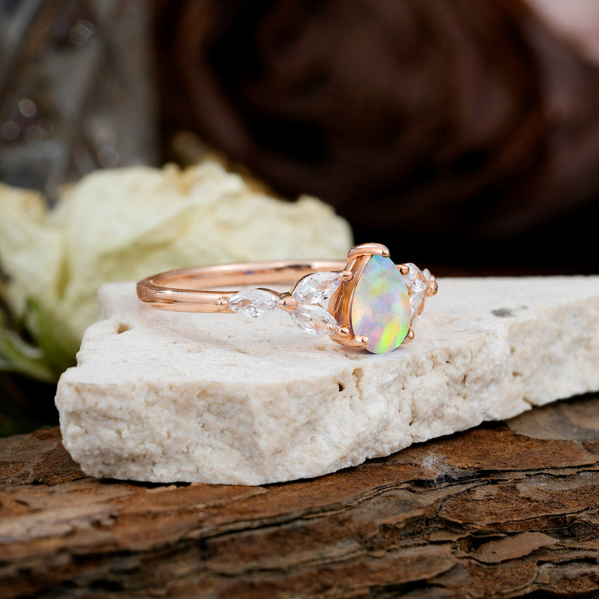 Pear Shaped Opal Nature Inspired Promise Engagement Ring