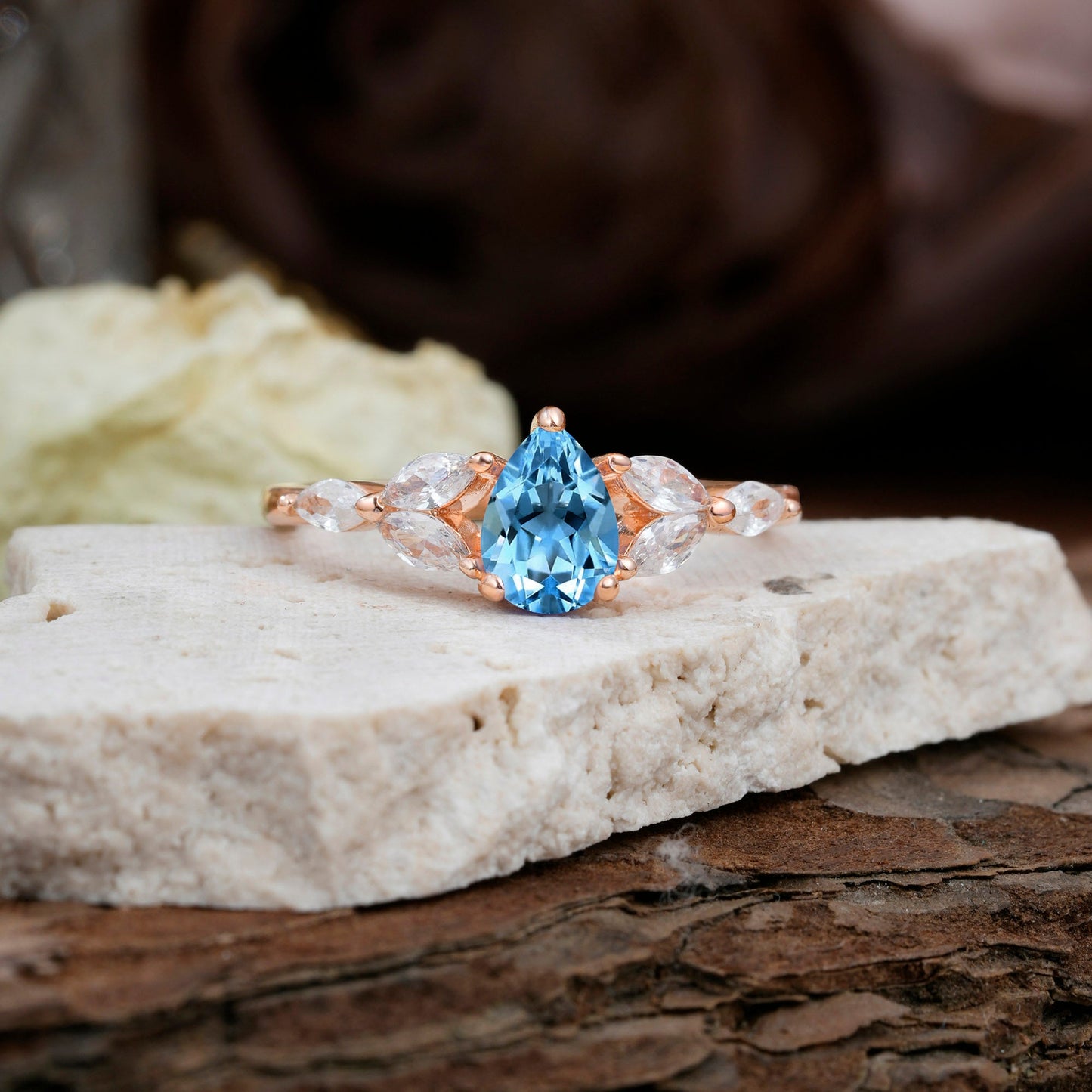 Pear Shaped Aquamarine Nature Inspired Promise Engagement Ring