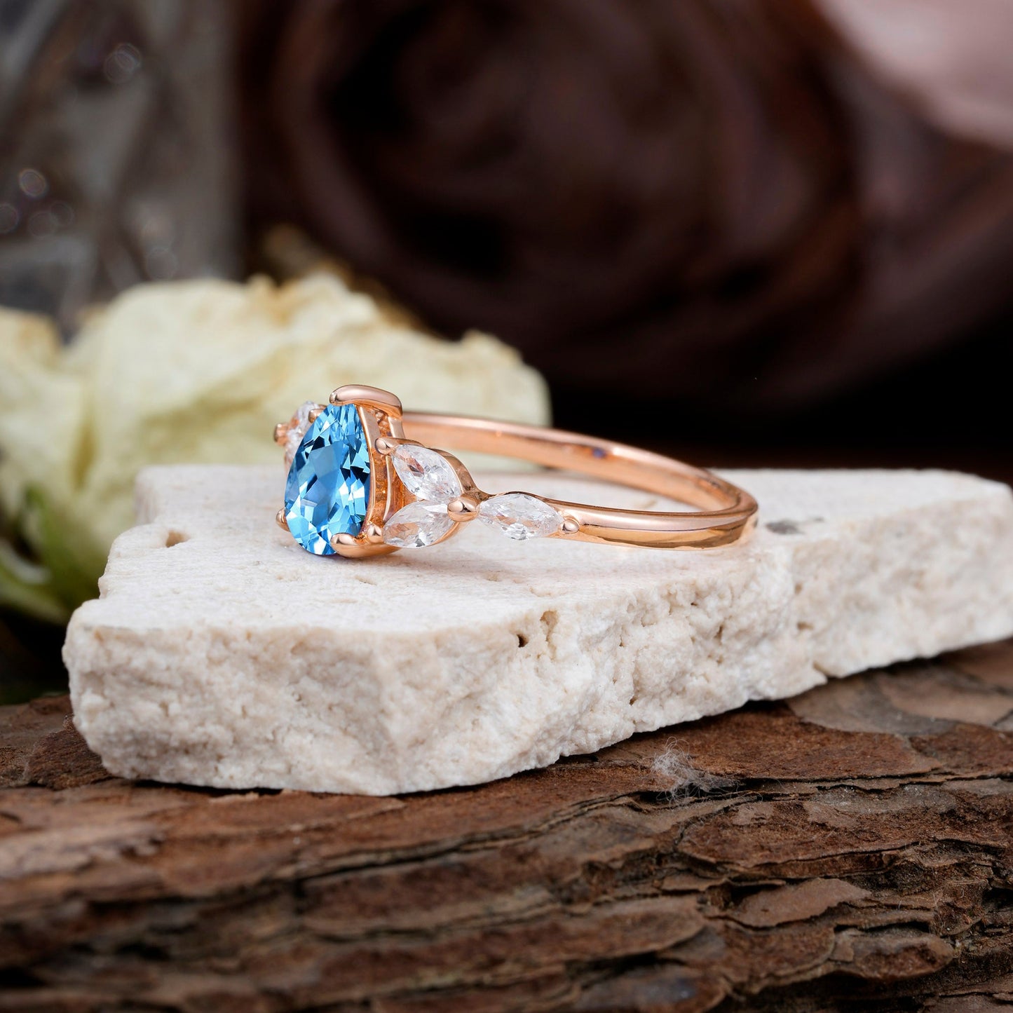 Pear Shaped Aquamarine Nature Inspired Promise Engagement Ring