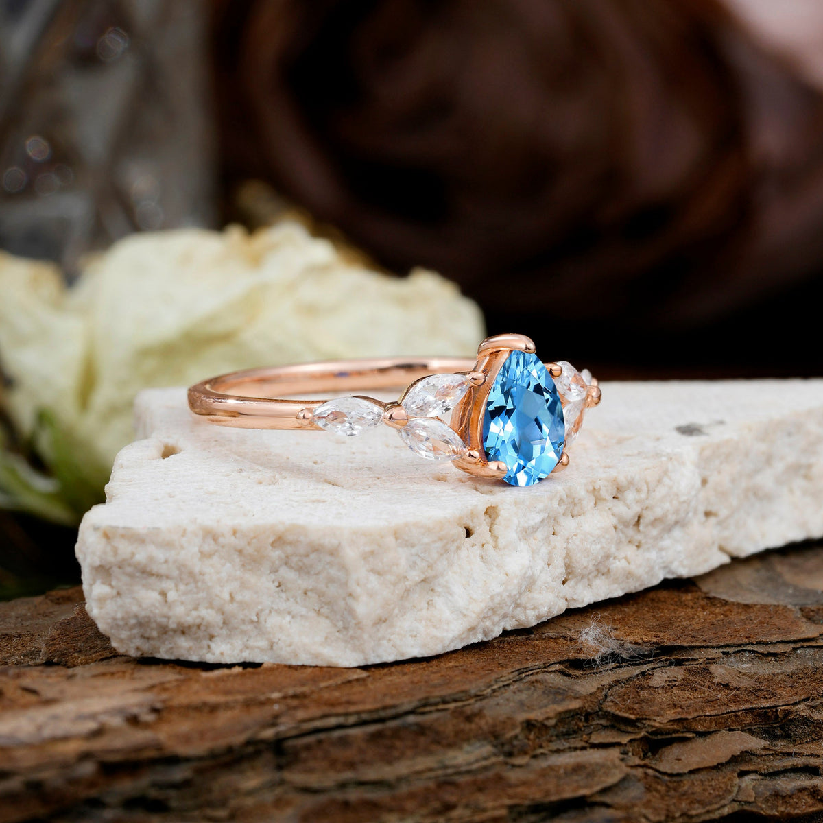 Pear Shaped Aquamarine Nature Inspired Promise Engagement Ring