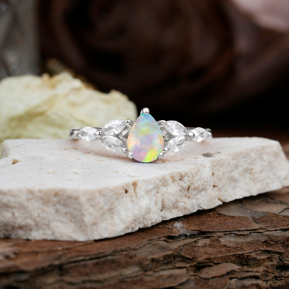 Pear Shaped Opal Nature Inspired Promise Engagement Ring