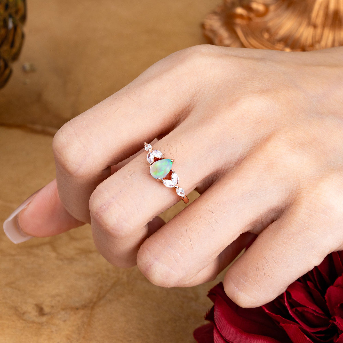 Pear Shaped Opal Nature Inspired Promise Engagement Ring