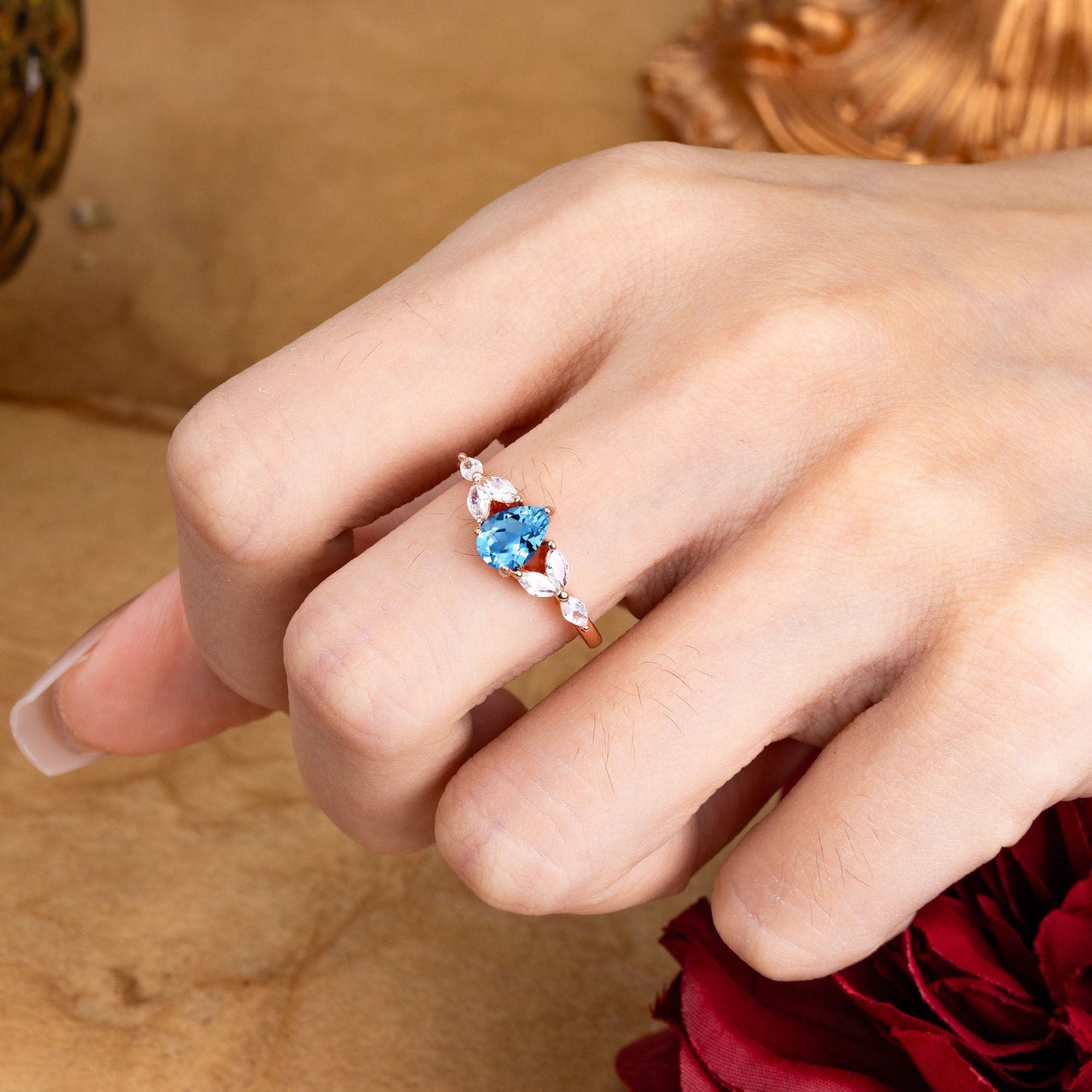 Pear Shaped Aquamarine Nature Inspired Promise Engagement Ring
