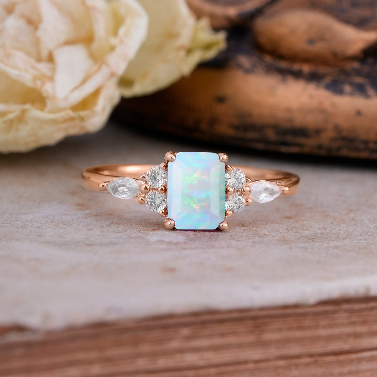 1 Carat 4 Prong Emerald Cut Opal Classic Side Stone Engagement Ring