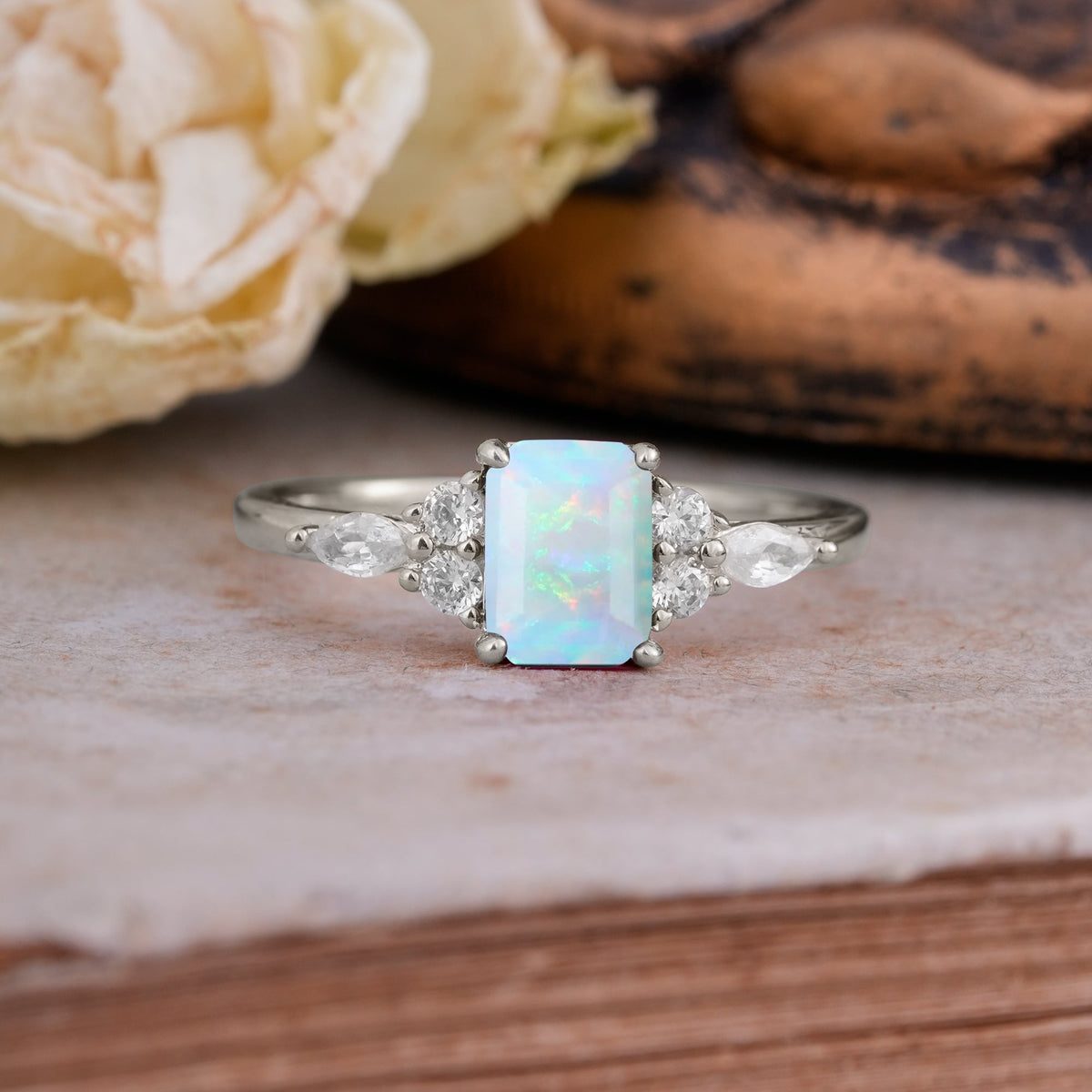 1 Carat 4 Prong Emerald Cut Opal Classic Side Stone Engagement Ring