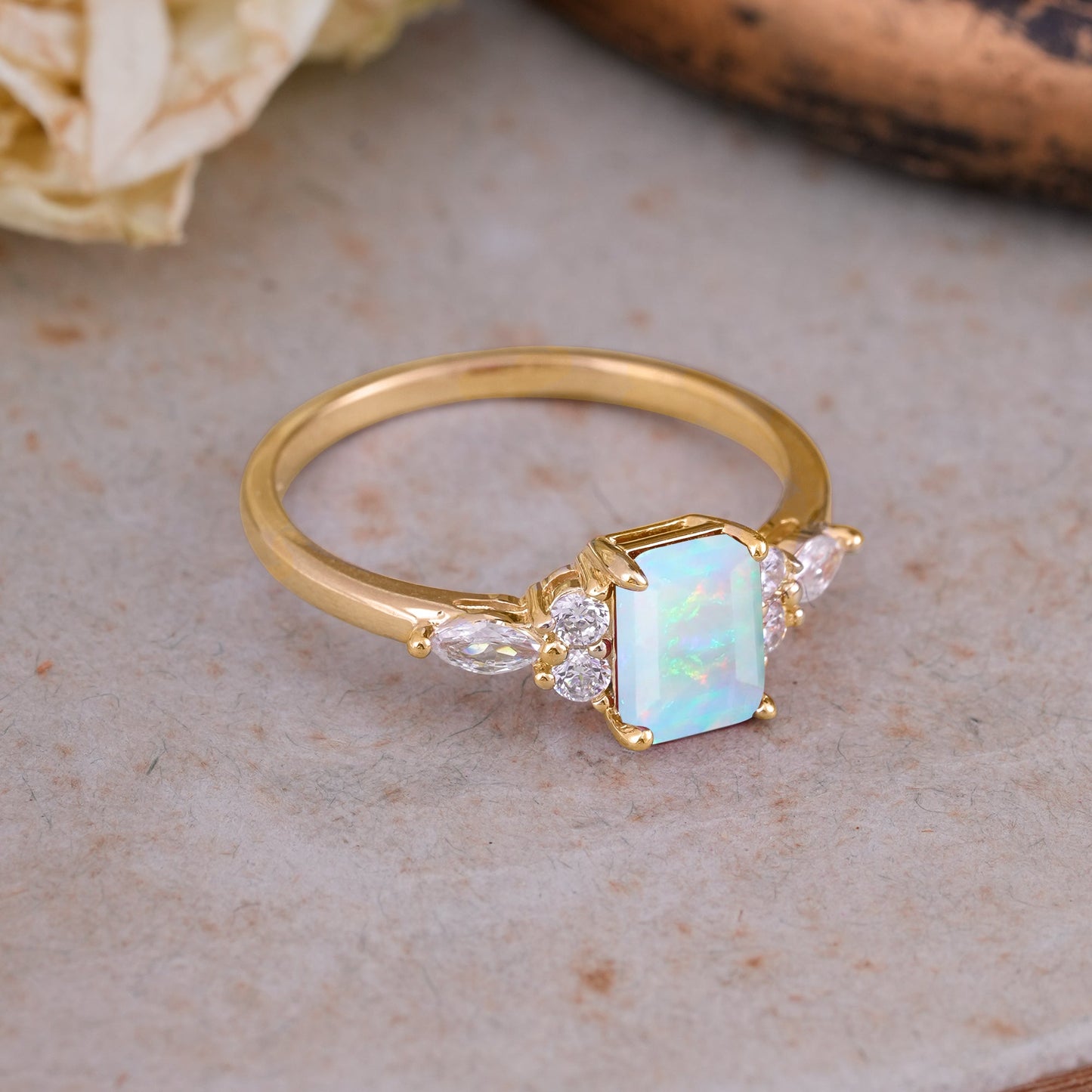 1 Carat 4 Prong Emerald Cut Opal Classic Side Stone Engagement Ring