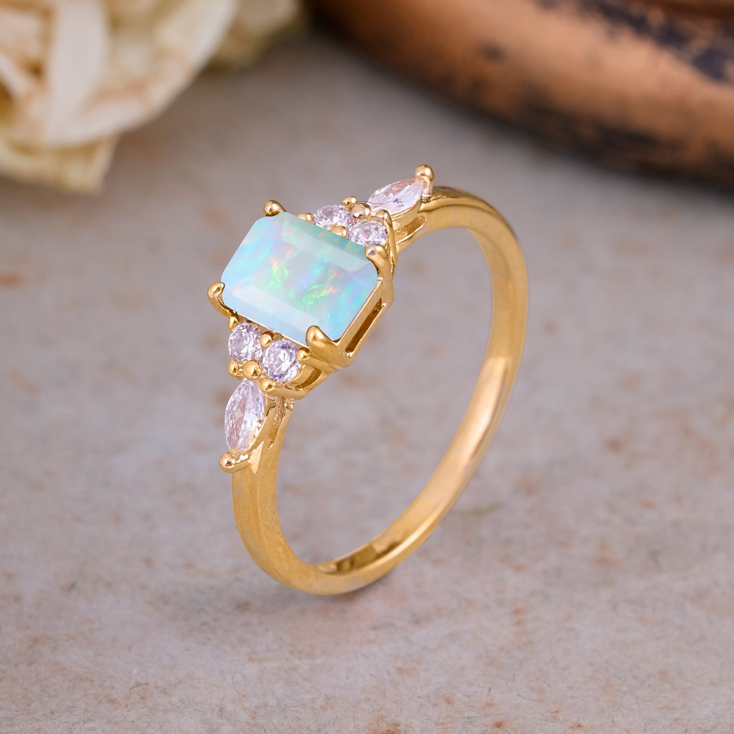 1 Carat 4 Prong Emerald Cut Opal Classic Side Stone Engagement Ring