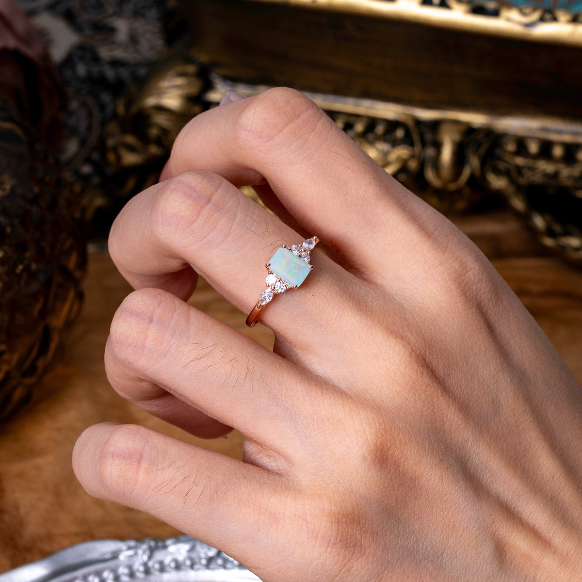 1 Carat 4 Prong Emerald Cut Opal Classic Side Stone Engagement Ring