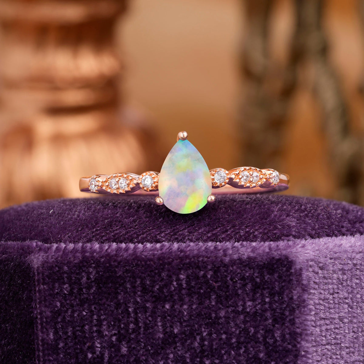 Pear Shaped Vintage Opal Engagement Ring Beaded Promise Ring