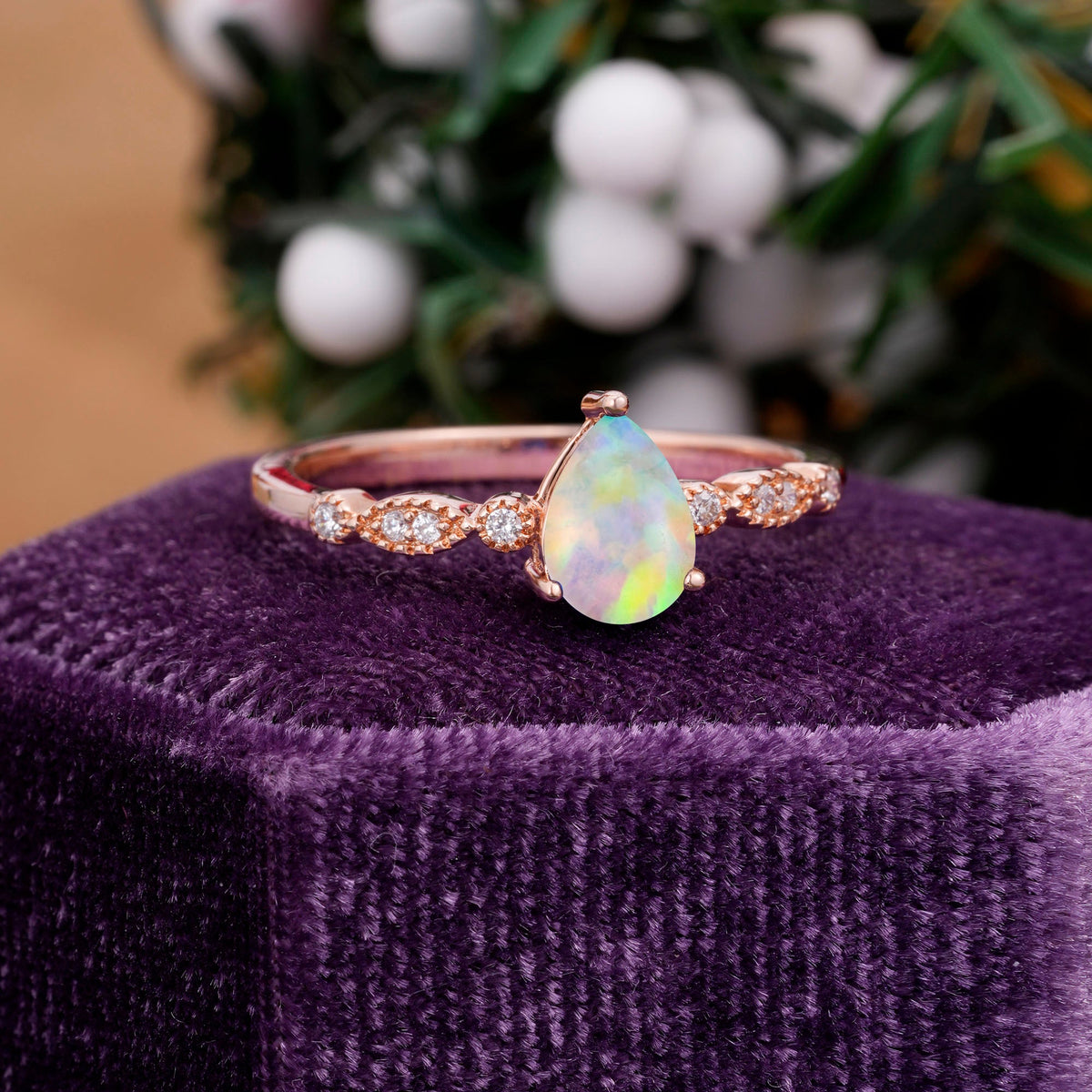 Pear Shaped Vintage Opal Engagement Ring Beaded Promise Ring