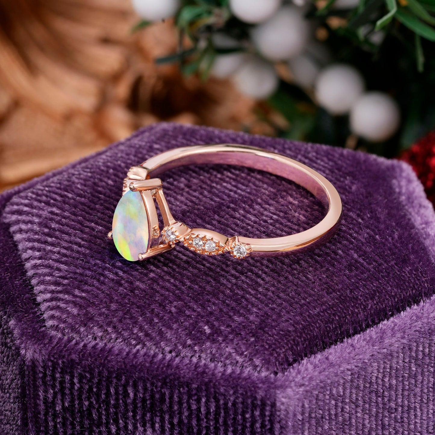 Pear Shaped Vintage Opal Engagement Ring Beaded Promise Ring