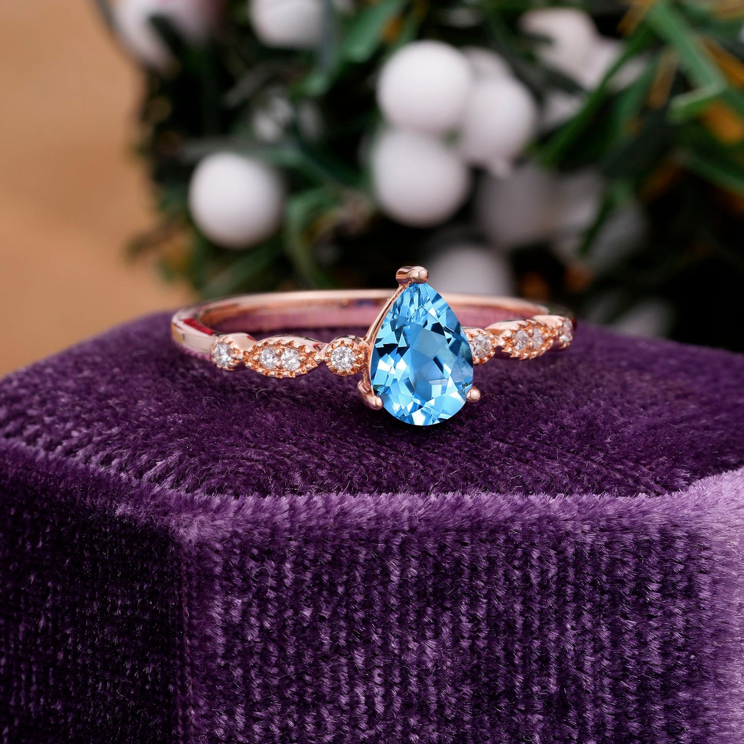 Pear Shaped Vintage Aquamarine Engagement Ring Beaded Promise Ring