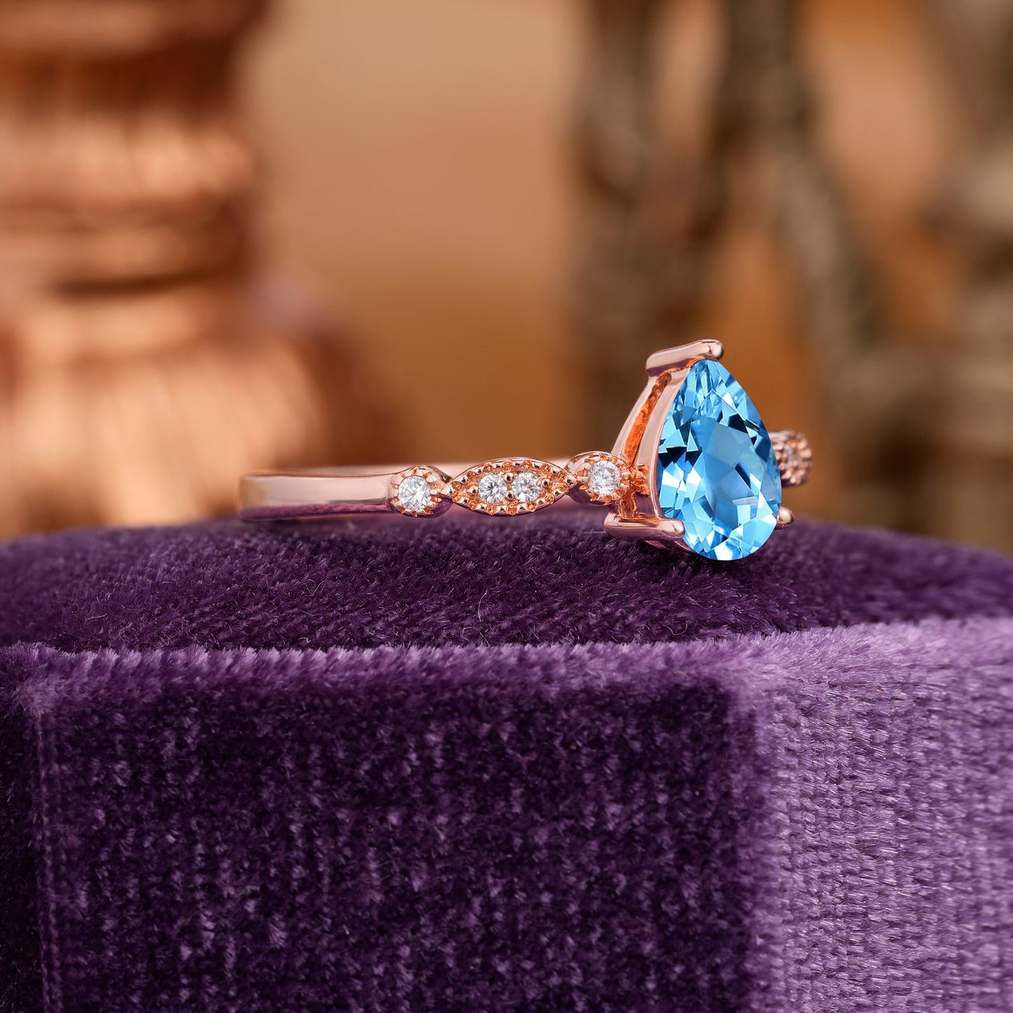 Pear Shaped Vintage Aquamarine Engagement Ring Beaded Promise Ring