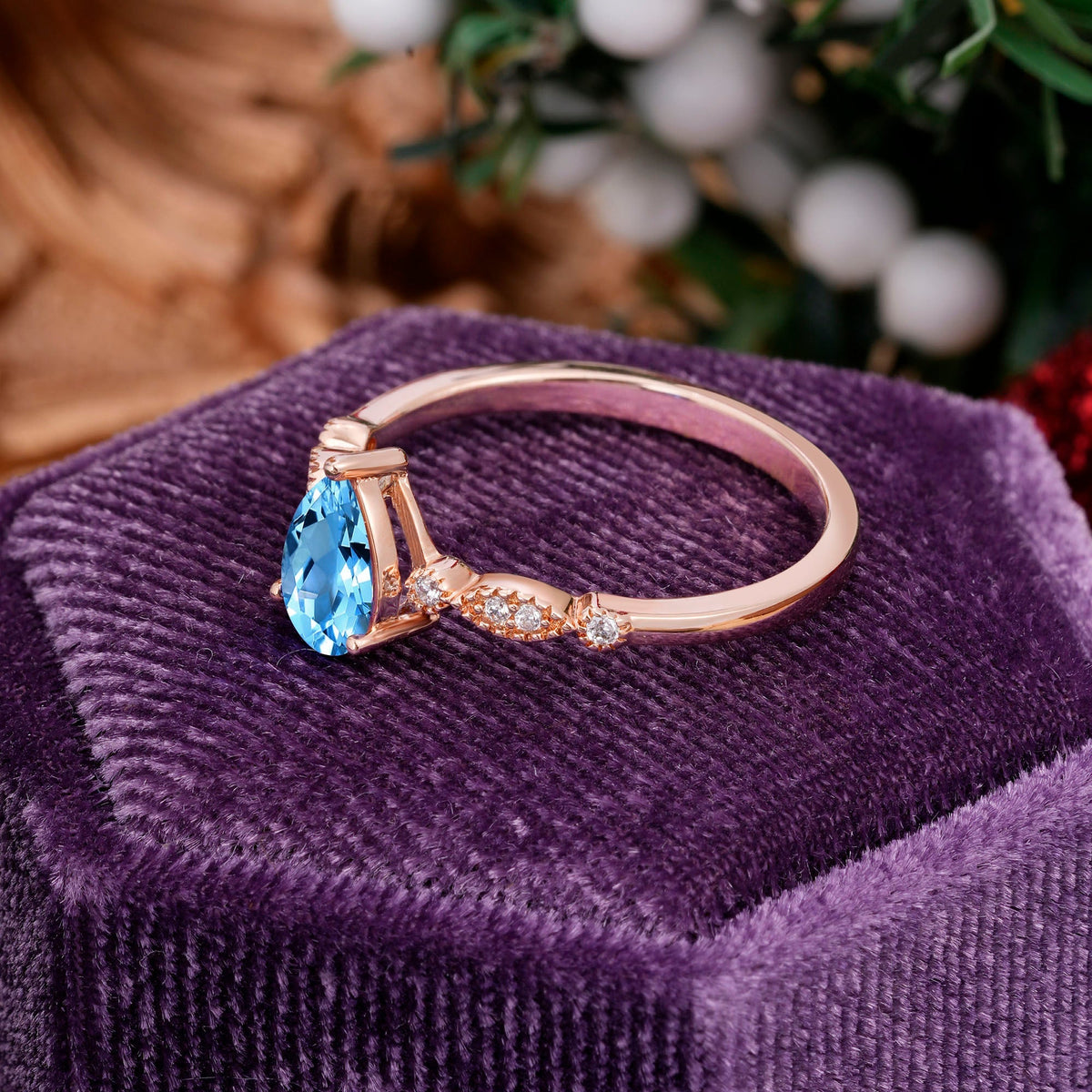 Pear Shaped Vintage Aquamarine Engagement Ring Beaded Promise Ring