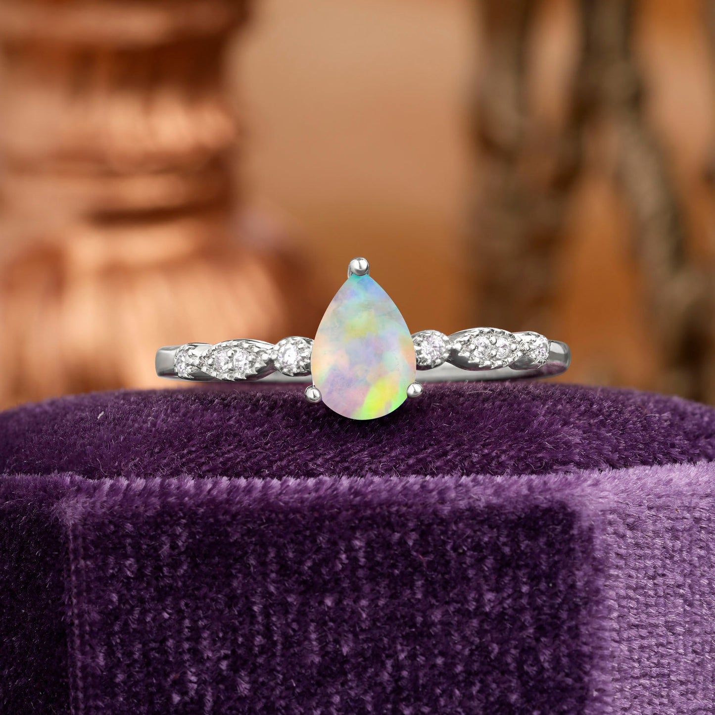 Pear Shaped Vintage Opal Engagement Ring Beaded Promise Ring