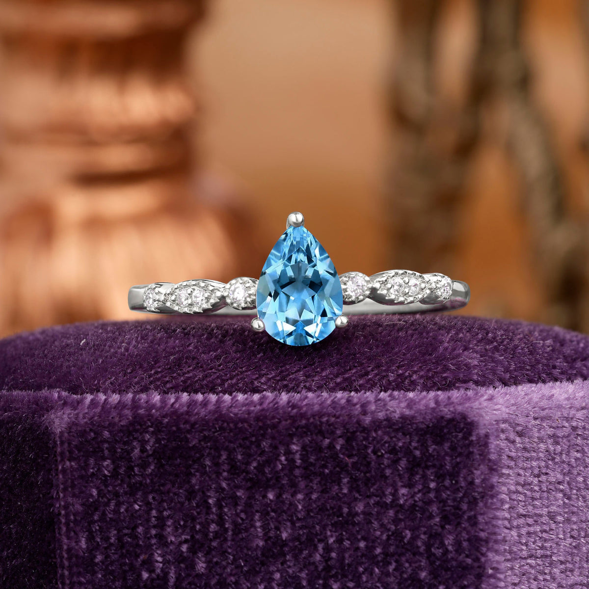 Pear Shaped Vintage Aquamarine Engagement Ring Beaded Promise Ring
