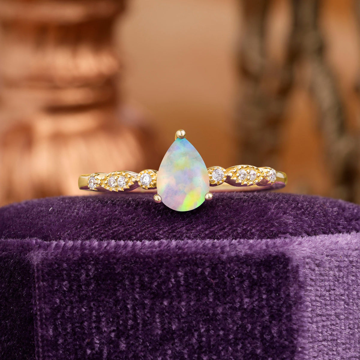 Pear Shaped Vintage Opal Engagement Ring Beaded Promise Ring
